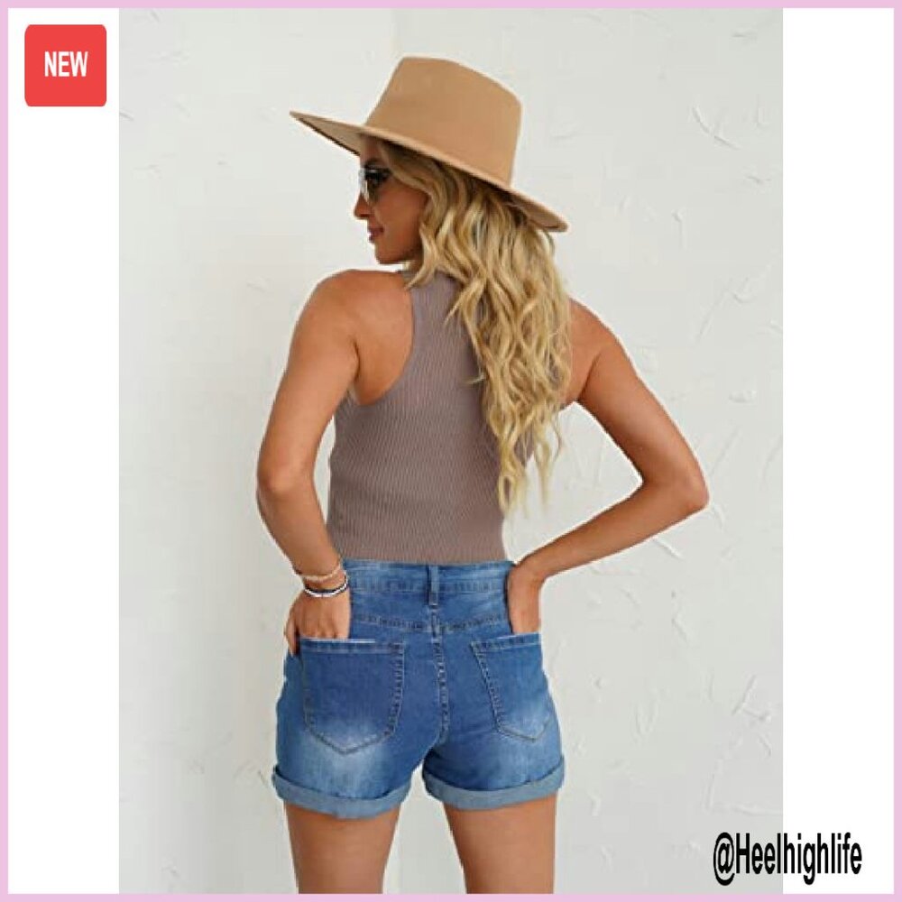 High Waisted Distressed Denim Shorts with Rolled Hem, Ripped Design - Picture 7 of 8